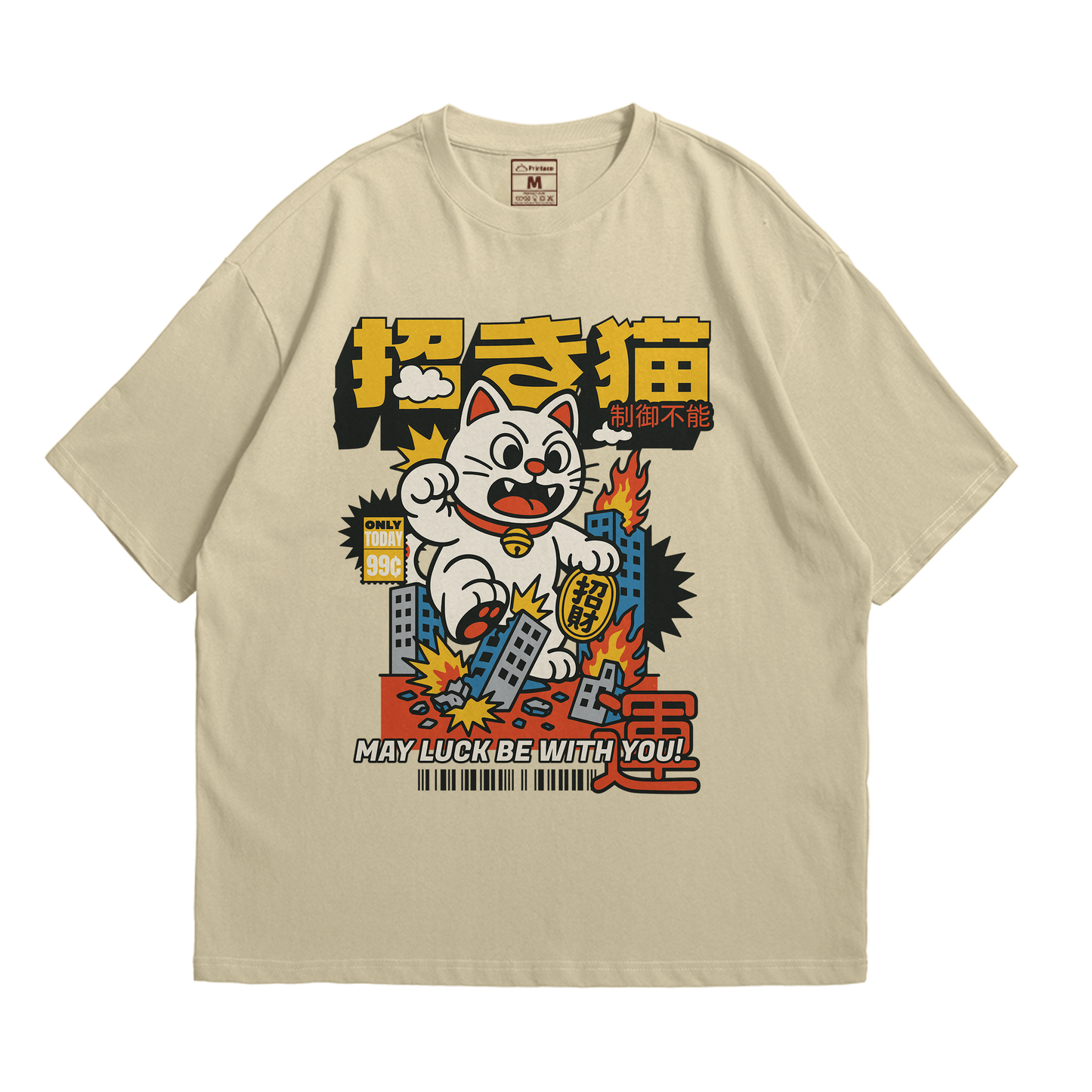 Premium Oversized Cotton Shirt: Maneki Neko Attack