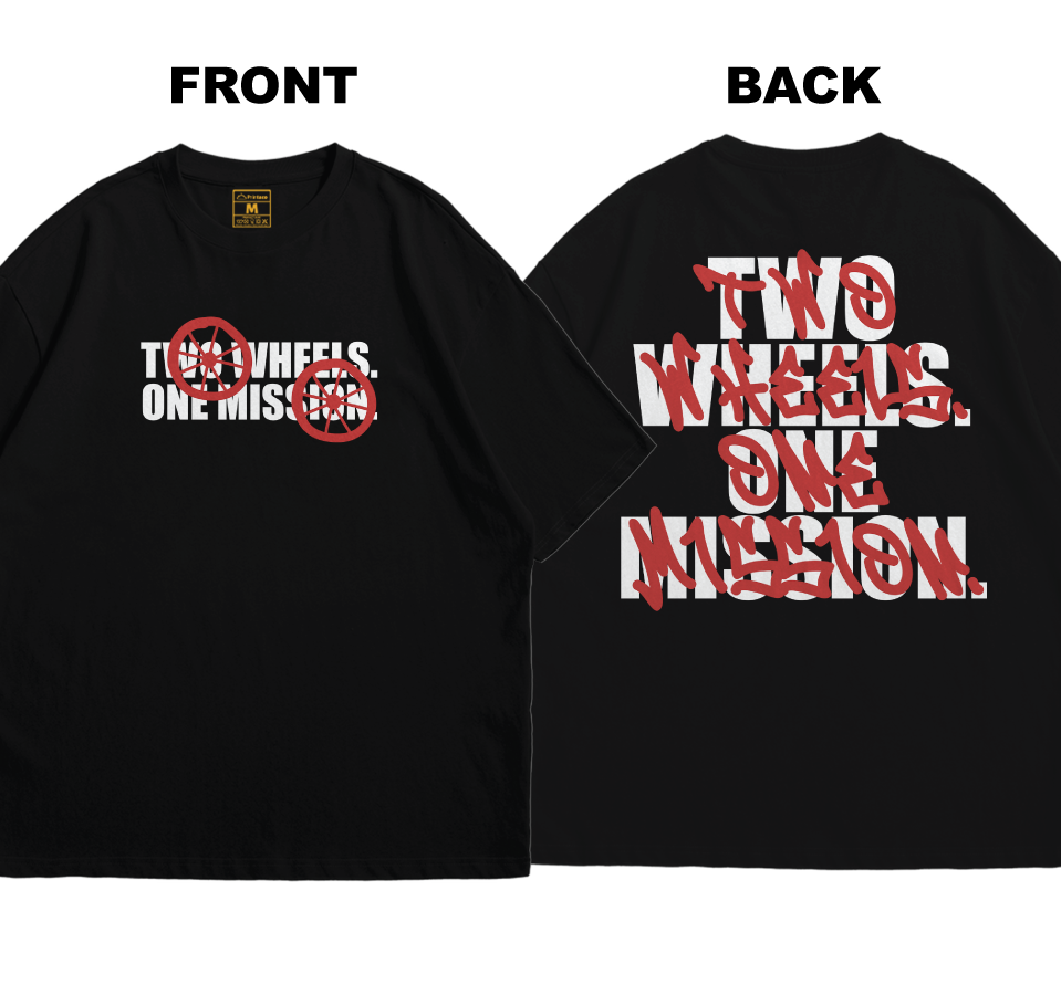 Premium Oversized Cotton Shirt: Two Wheels. One Mission (Front and Back)