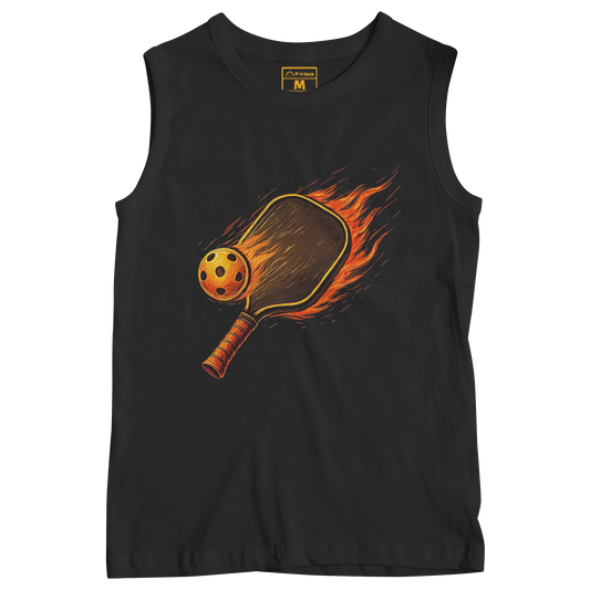 Sleeveless Drifit Shirt: Flaming Pickleball Racket