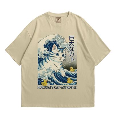 Premium Oversized Cotton Shirt: Hokusai Cat