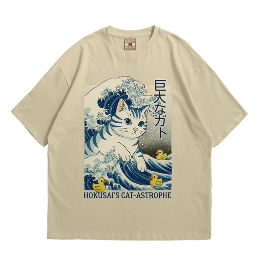 Premium Oversized Cotton Shirt: Hokusai Cat