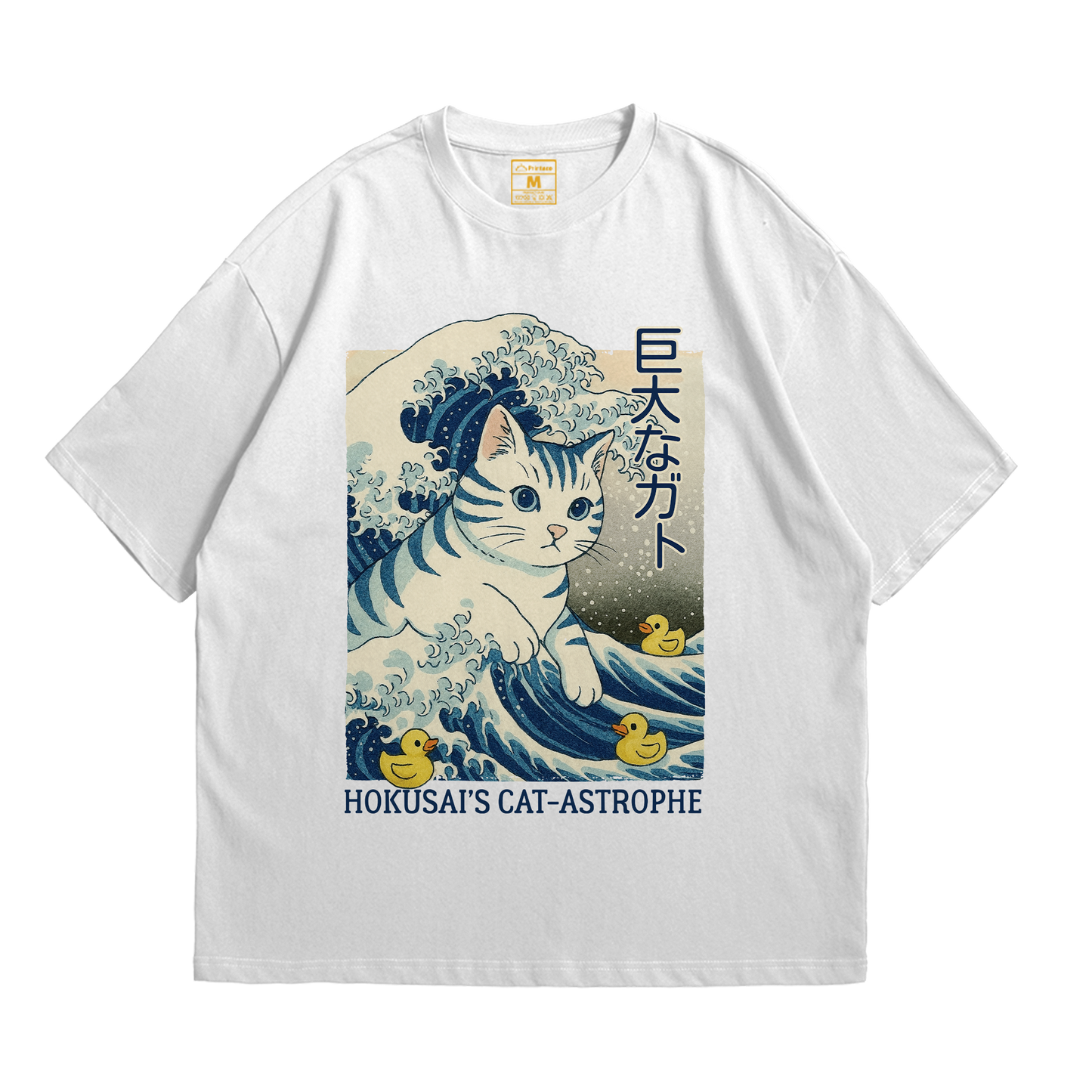 Premium Oversized Cotton Shirt: Hokusai Cat
