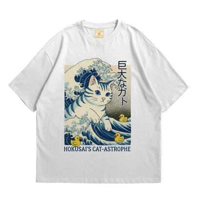 Premium Oversized Cotton Shirt: Hokusai Cat