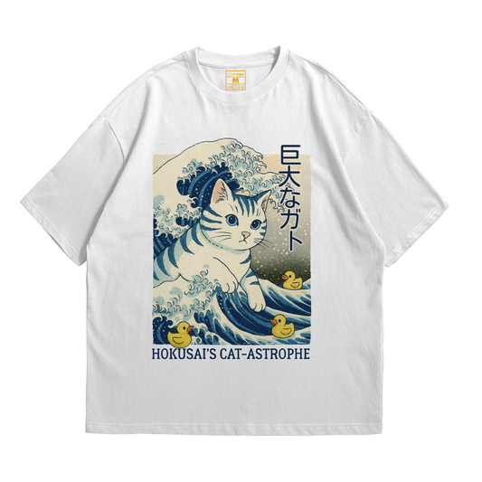 Premium Oversized Cotton Shirt: Hokusai Cat