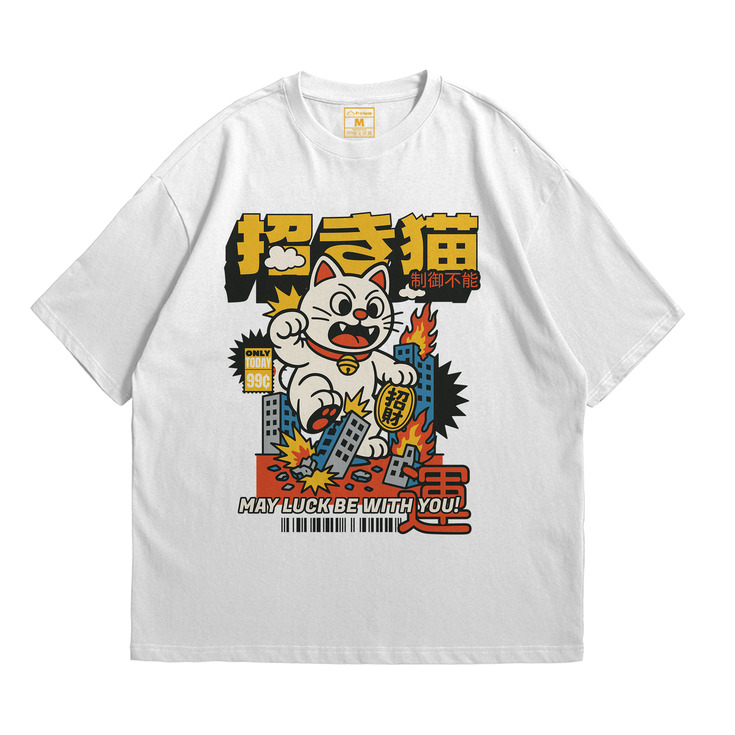 Premium Oversized Cotton Shirt: Maneki Neko Attack