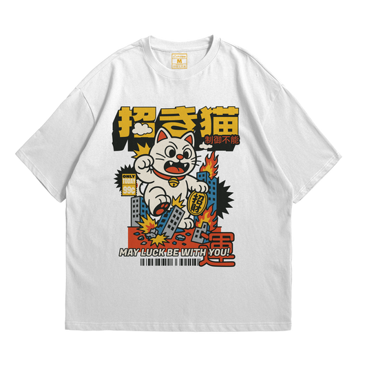 Premium Oversized Cotton Shirt: Maneki Neko Attack