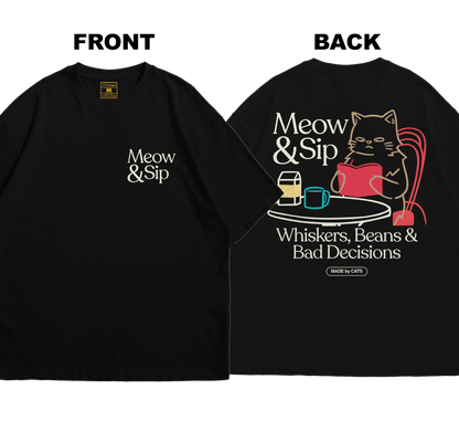 Premium Oversized Cotton Shirt: Meow And Sip (Front and Back)