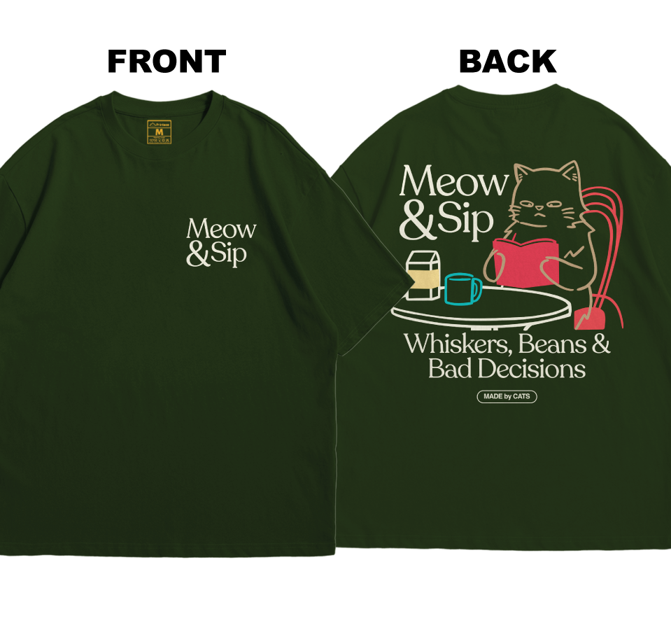 Premium Oversized Cotton Shirt: Meow And Sip (Front and Back)