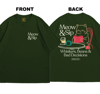 Premium Oversized Cotton Shirt: Meow And Sip (Front and Back)