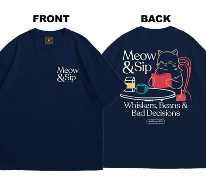 Premium Oversized Cotton Shirt: Meow And Sip (Front and Back)
