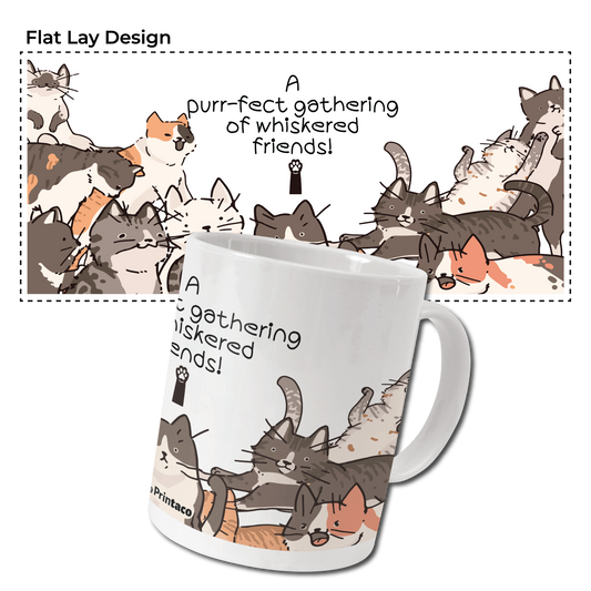 11oz Ceramic Mug: A purr-fect gathering of whiskered friends